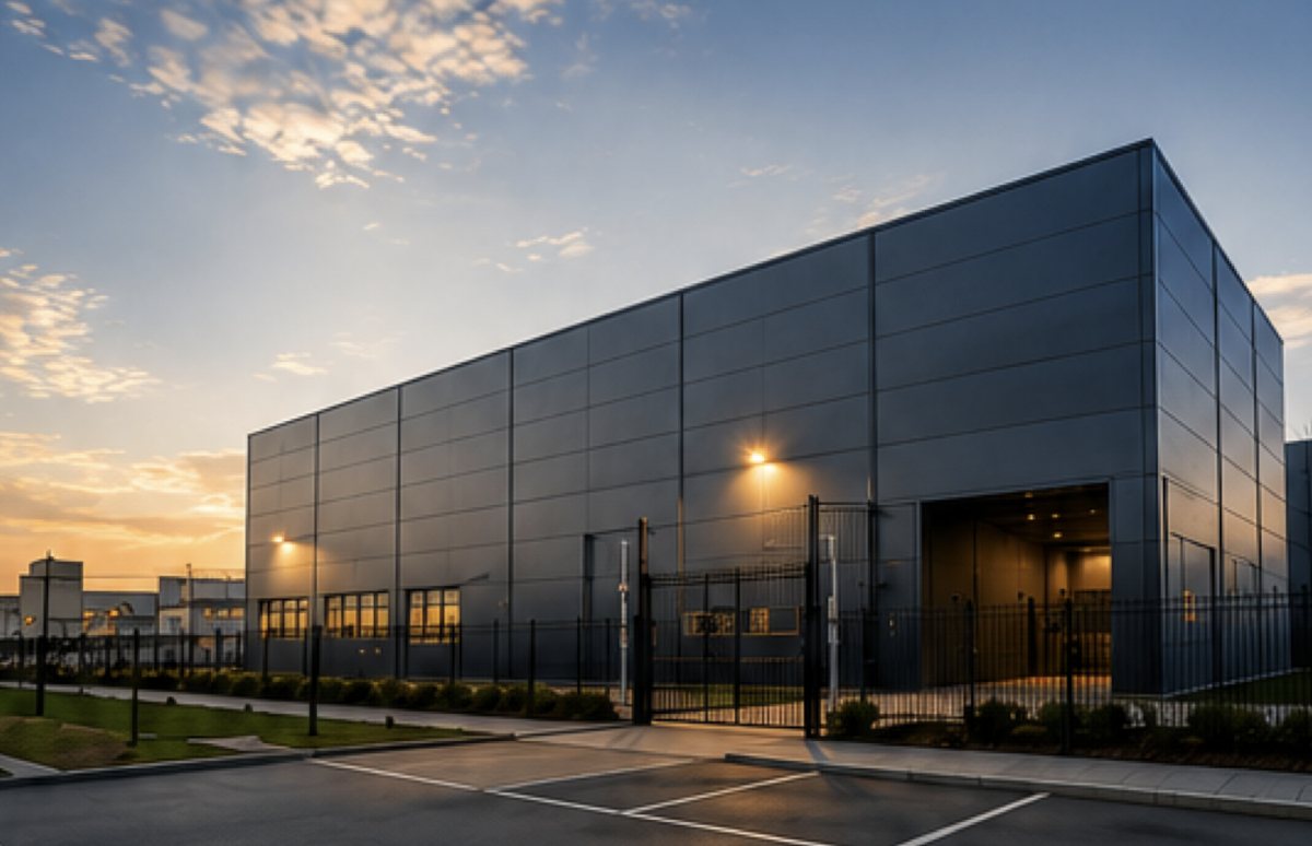 Modern EU data centre at dusk